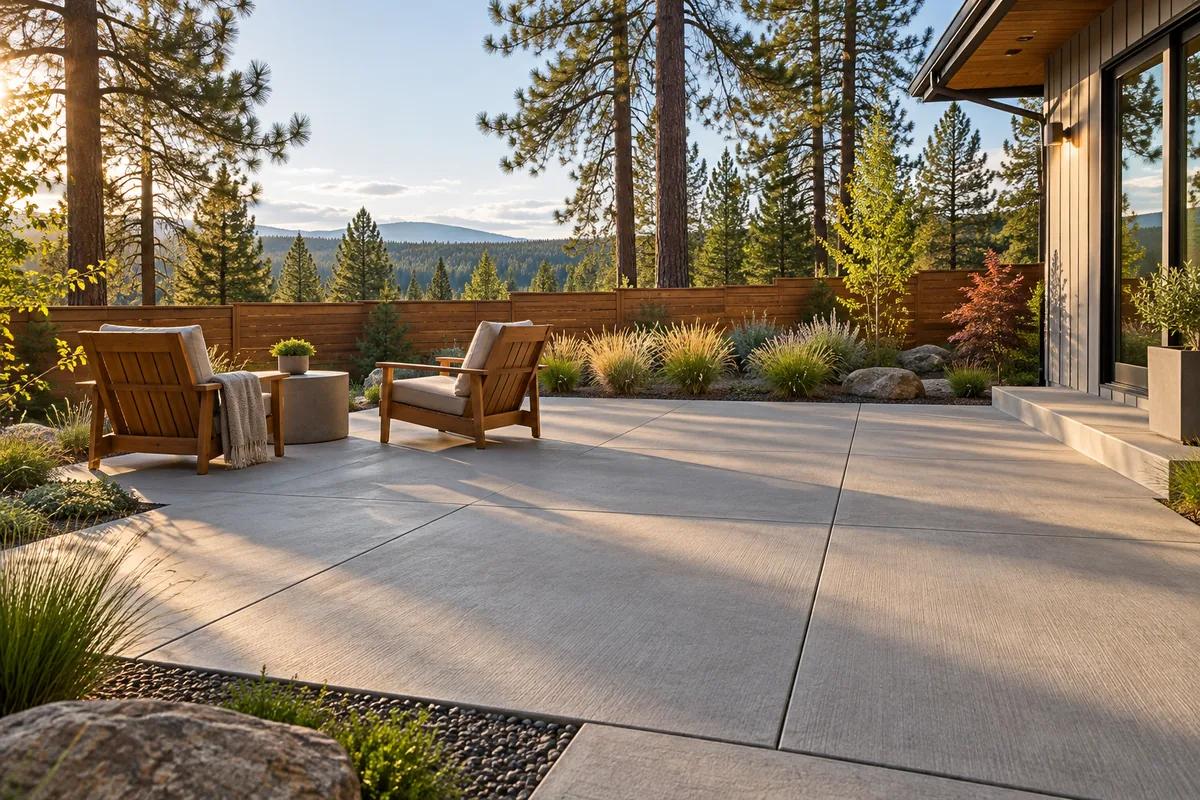 Concrete patio with cedar chairs and Northwest landscaping