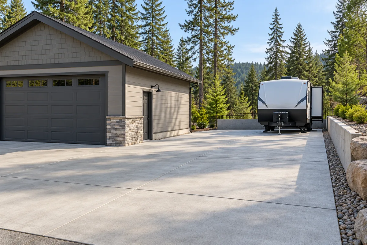 Concrete parking pad beside a garage with a travel trailer